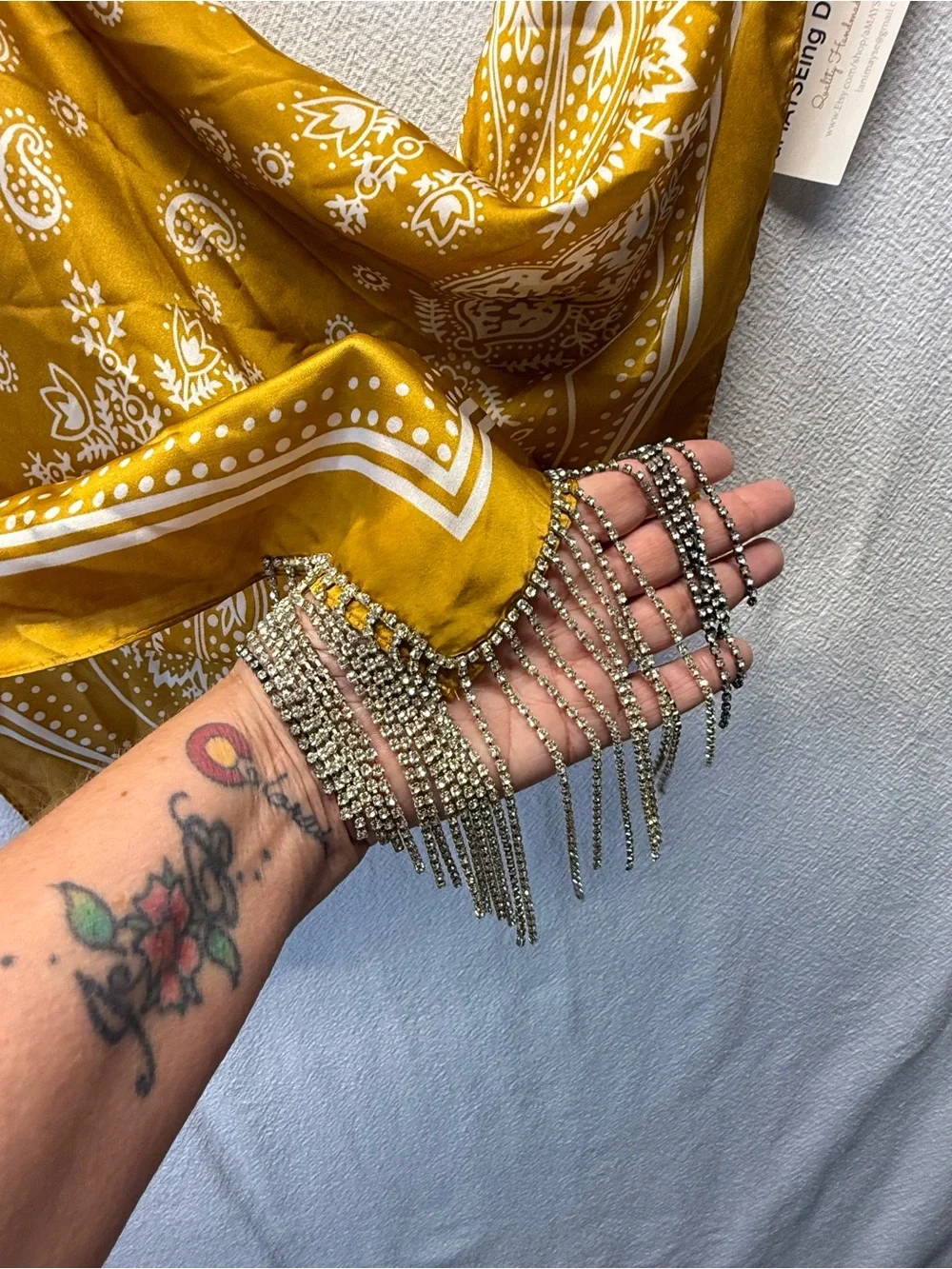 Rockstar Boho Gold Yellow Bandana Scarf Necklace w/ Rhinestone Fringe Cowgirl